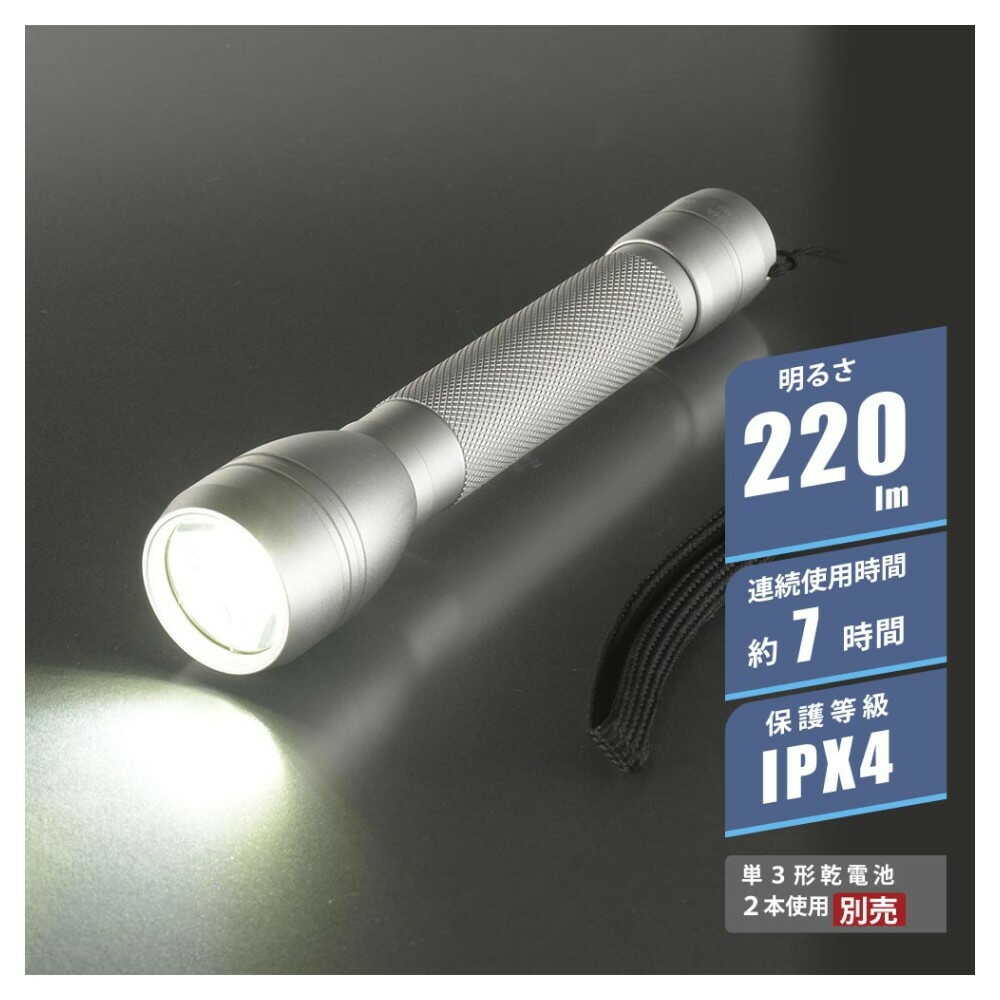 オーム電機 LEDライト ピュアビーム 220ルーメン シルバー