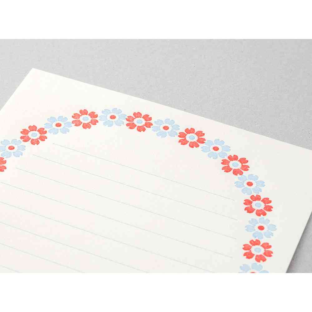 ミドリ レターセット478 活版 花フレーム柄 水色 便箋/8枚入、封筒/4枚入