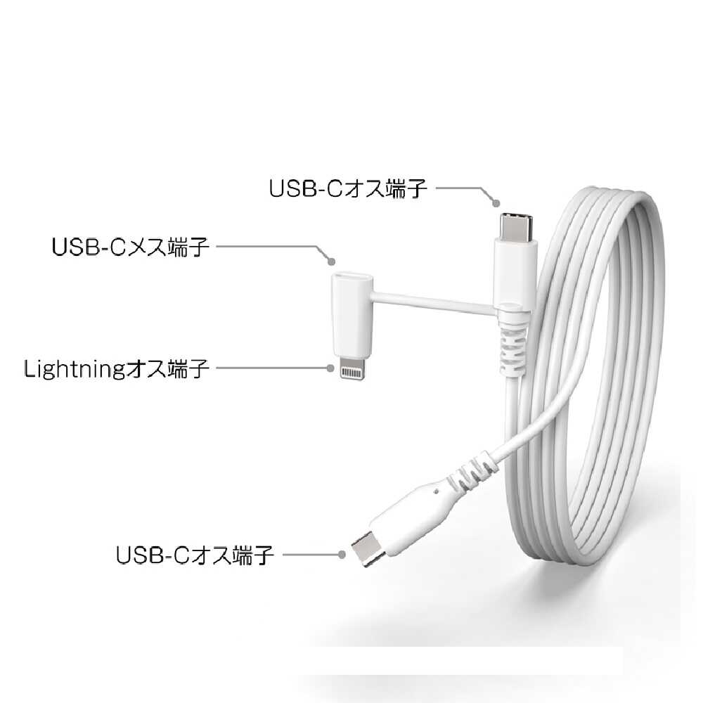 カシムラ LN変換コネクタ付 C-Cケーブル 1.2m WH AJ676 ホワイト