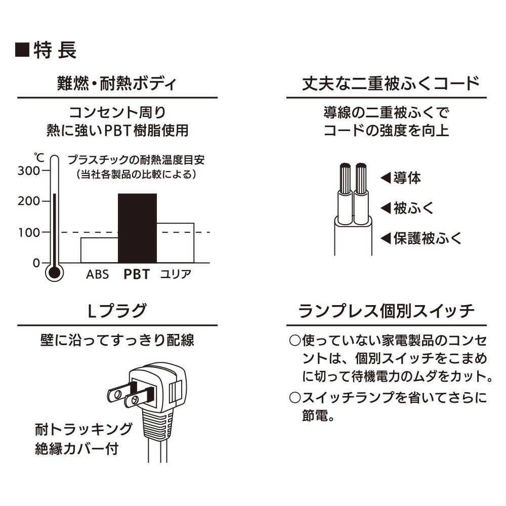 オーム電機 節電タップ 6個口 1m ホワイト