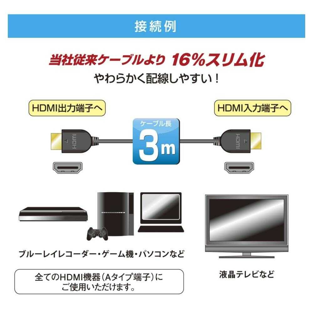 オーム電機 HDMIやわらかケーブル スリムタイプ ハイスピード 3m 1本 ブラック