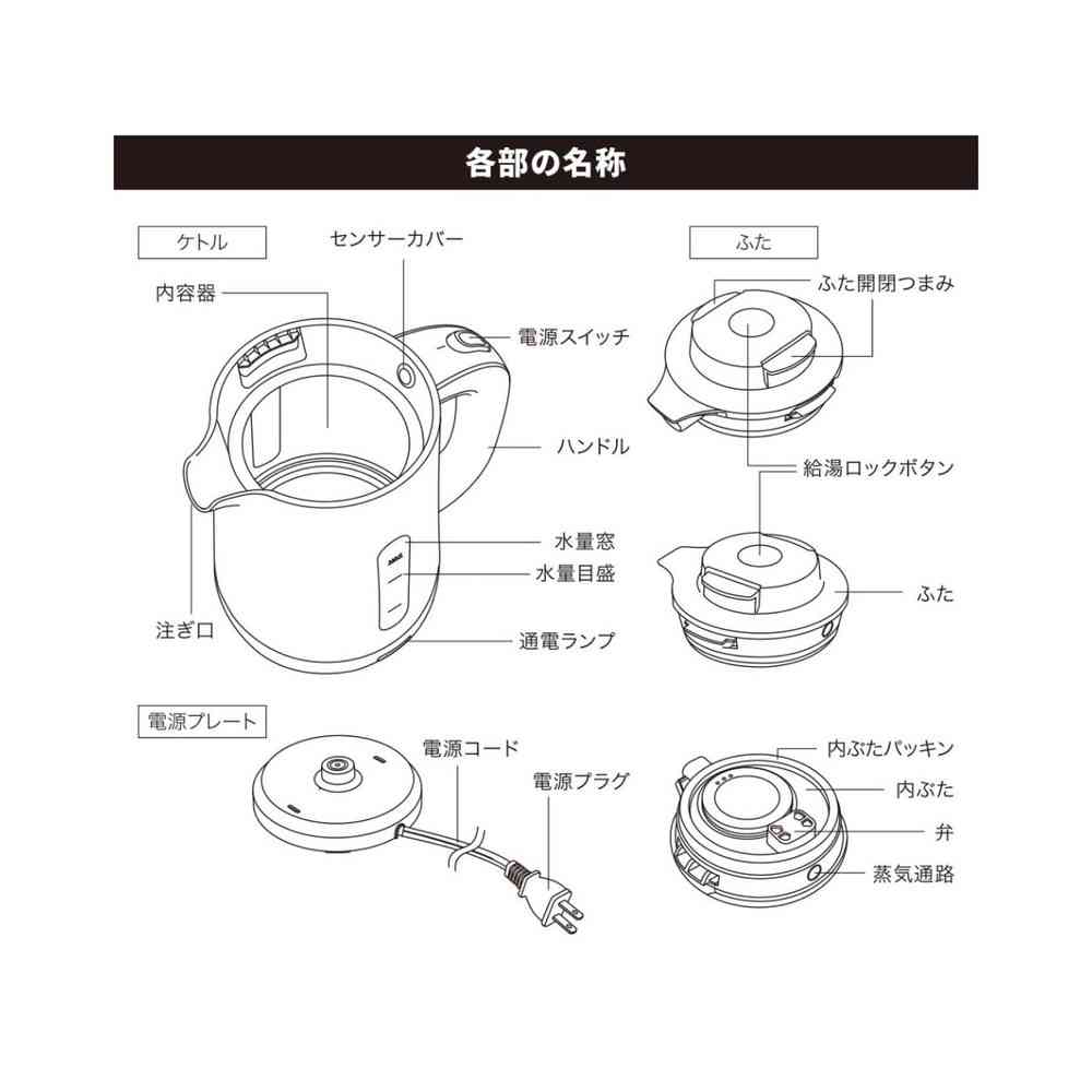 オーム電機 お湯がこぼれにくいケトル 1リットル ホワイト