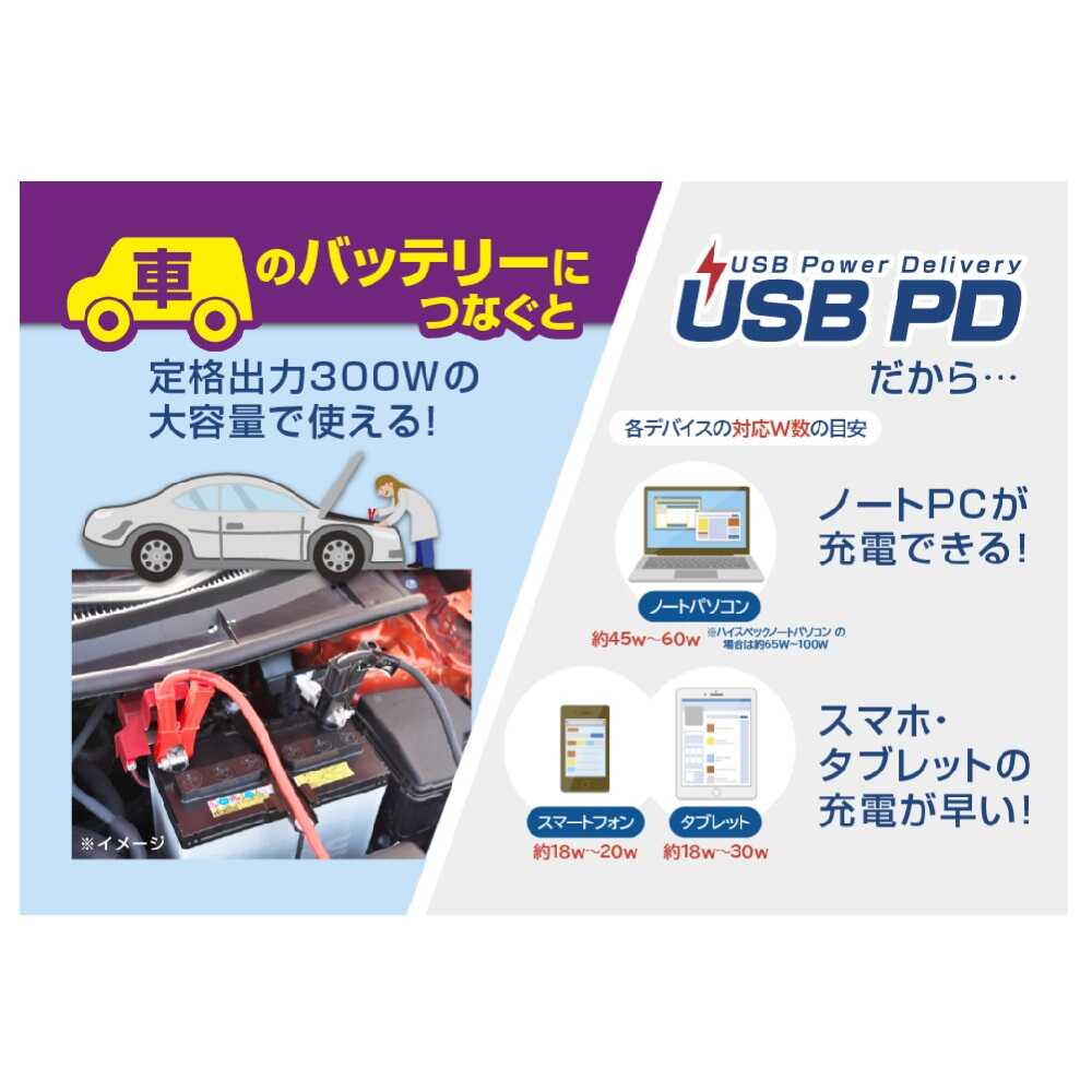 カシムラ DC/ACインバーター300W+USB-A/USB-C KD263 ブラック