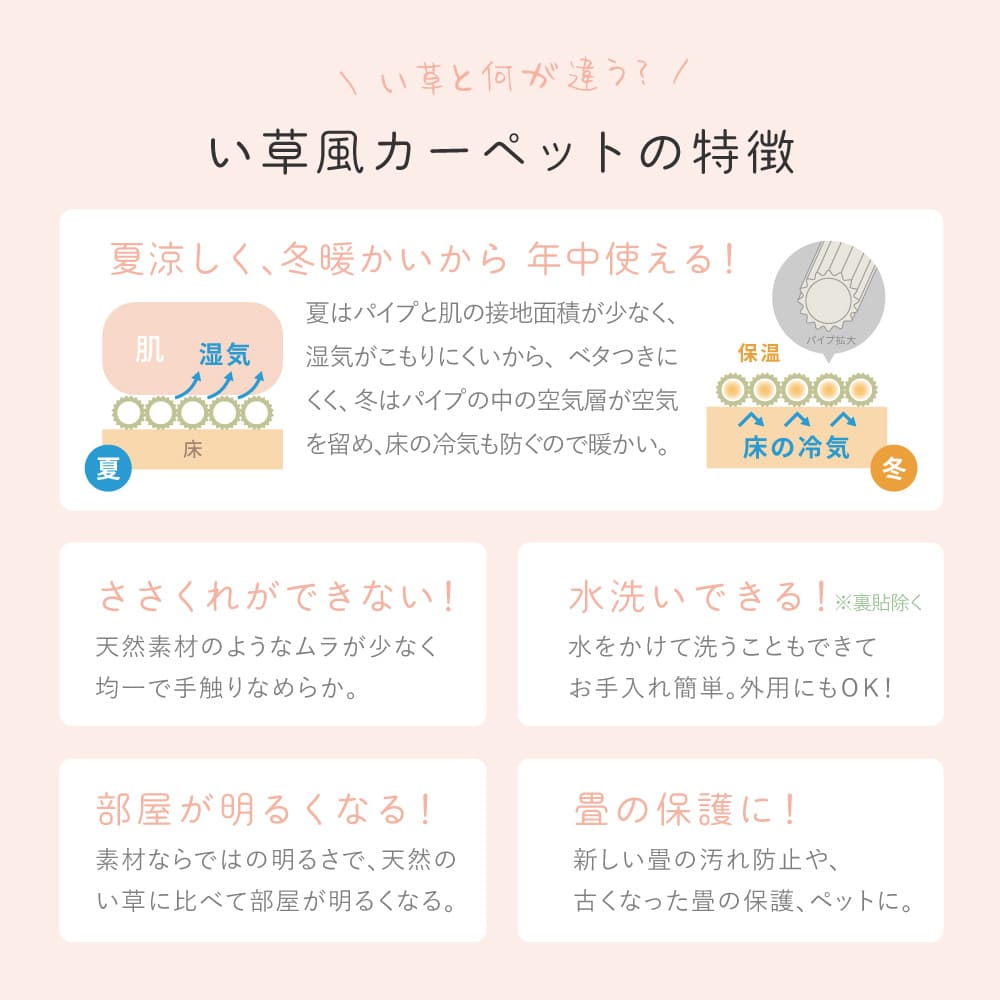 洗えるい草風カーペット モンド 江戸間8畳 ピンク メーカー直送 ▼返品・キャンセル不可【他商品との同時購入】