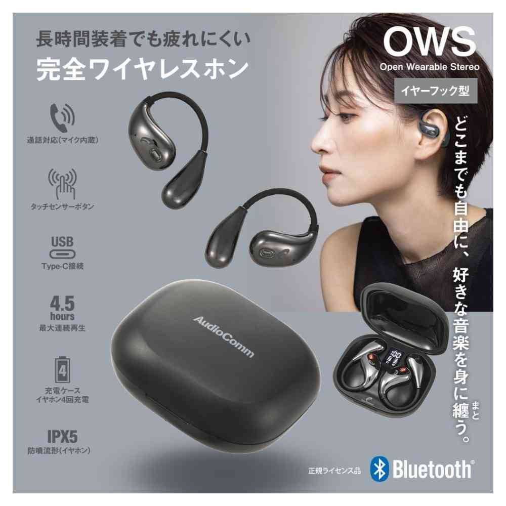 オーム電機 完全ワイヤレスイヤホン イヤーフック ブラック
