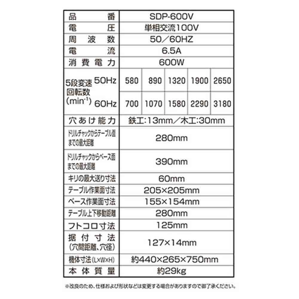 卓上ボール盤 600W SDP-600V メーカー直送 ▼返品・キャンセル不可【他商品との同時購入不可】