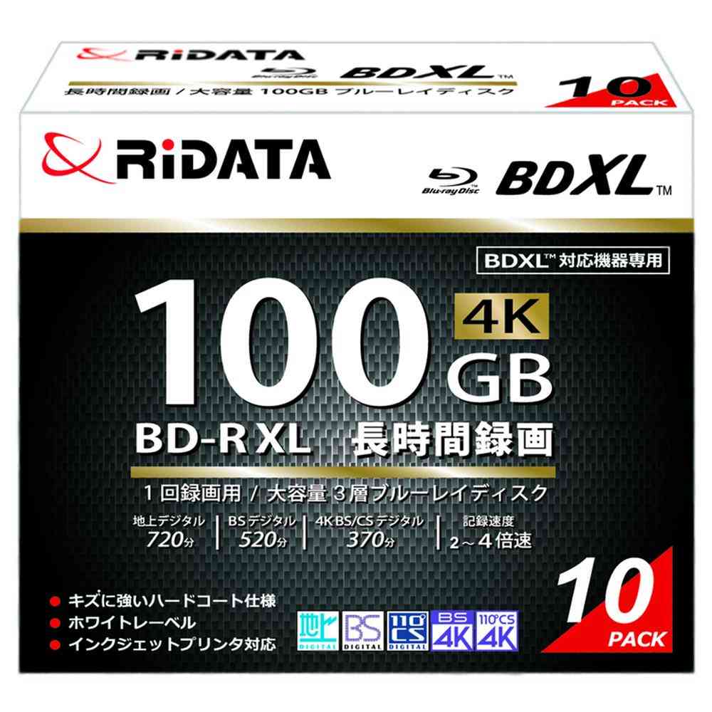 アールアイジャパン RiDATA 1回録画用 片面3層 2-4倍速 BD-R XL 100GB ブルーレイディスク スリムケース 10枚