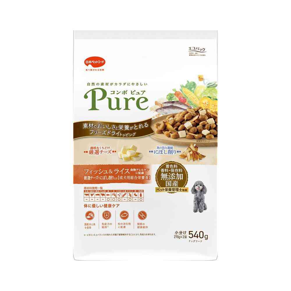 日本ペットフード コンボ ピュア ドッグ フィッシュ&ライス 厳選チーズ・にぼし削り入り 540g(270gx2)