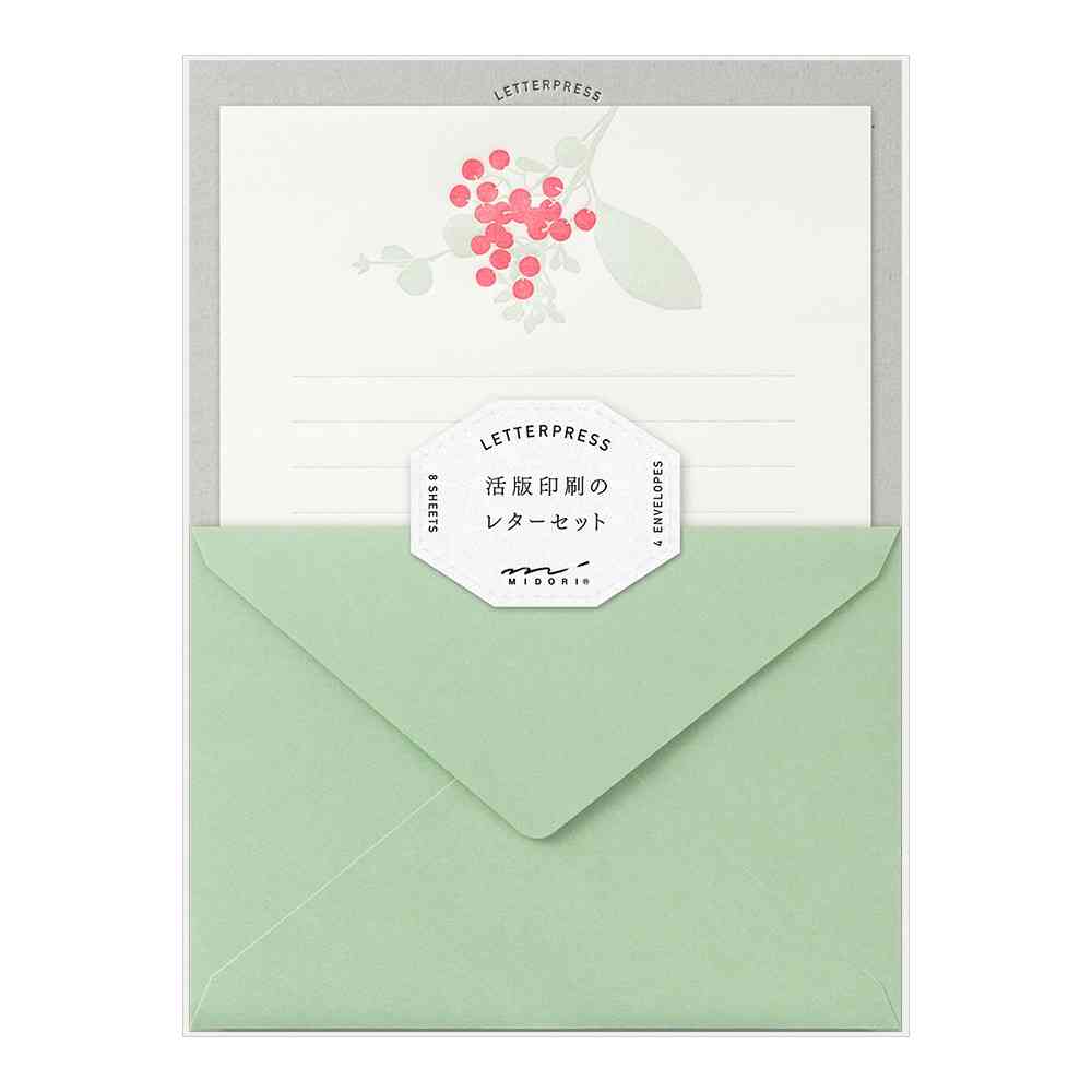 ミドリ レターセット460 活版 ブーケ柄 赤 便箋/8枚入、封筒/4枚入