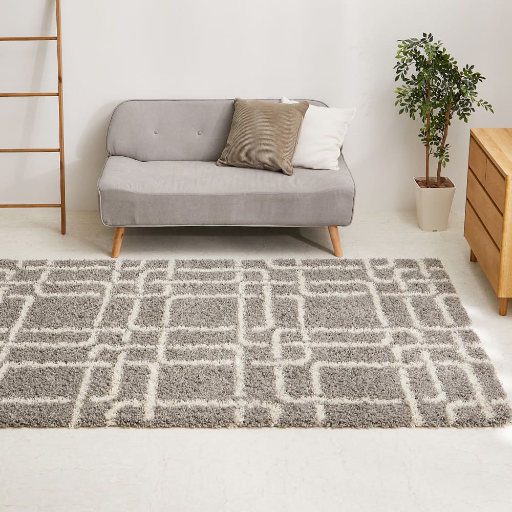 幾何学柄のウィルトン織シャギーラグ ケジャ GY 130×190cm メーカー直送 ▼返品・キャンセル不可【他商品と同時購入不可