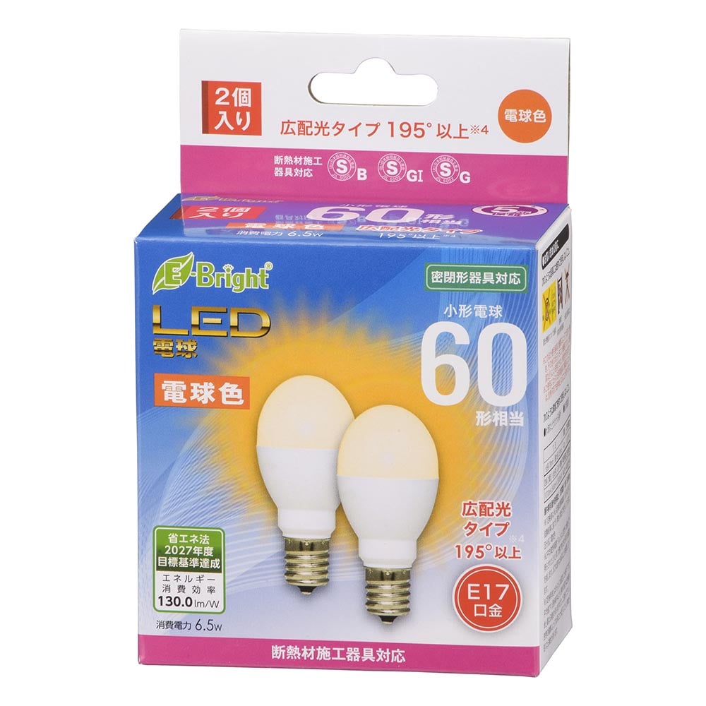 オーム電機 LED電球 小形 E17 60形相当 2個入(外形寸法：（約）全長…78mm、最大径…35mm 電球色): サンドラッグ｜JAL  Mall｜マイルがたまる・つかえる ショッピングモール