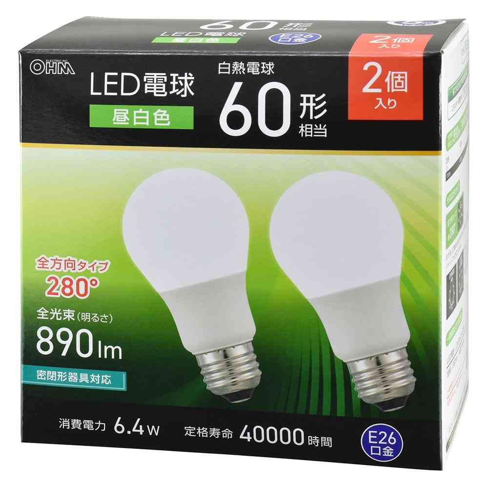 オーム電機 LED電球 60形相当昼白色 2個入