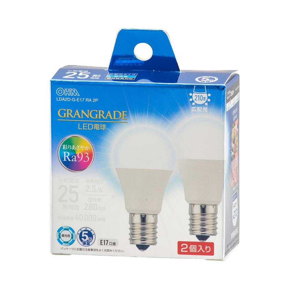 オーム電機 LED電球 小形 E17 25形相当 2個入 昼光色