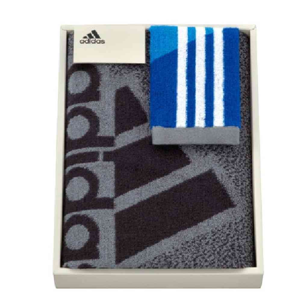 日繊商工 adidas コレクト スポーツタオル×タオルチーフセット 箱入り スポーツタオル1枚・タオルチーフ1枚 スポーツタオル/グレー、タオルチーフ/ブルー