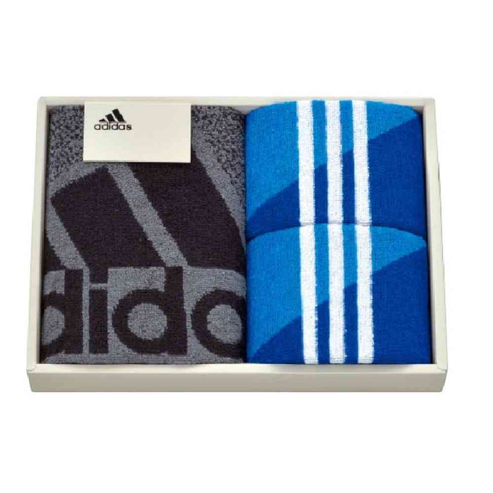 日繊商工 adidas コレクト フェイスタオル×タオルチーフセット 箱入り フェイスタオル1枚・タオルチーフ2枚 フェイスタオル/グレー、タオルチーフ/ブルー