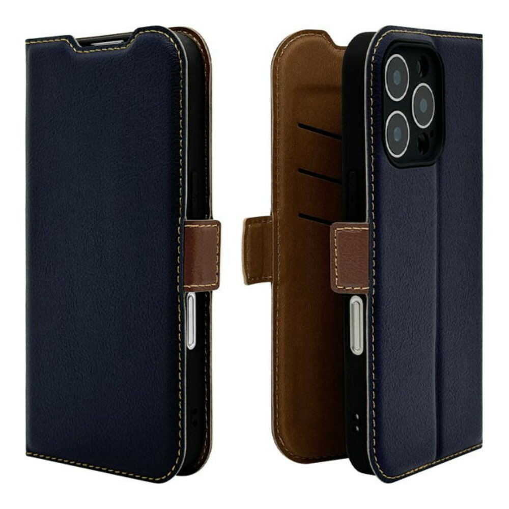 テレホンリース iPhone16Pro 手帳型カバー 薄型 カメラ保護 ネイビー×ブラウン