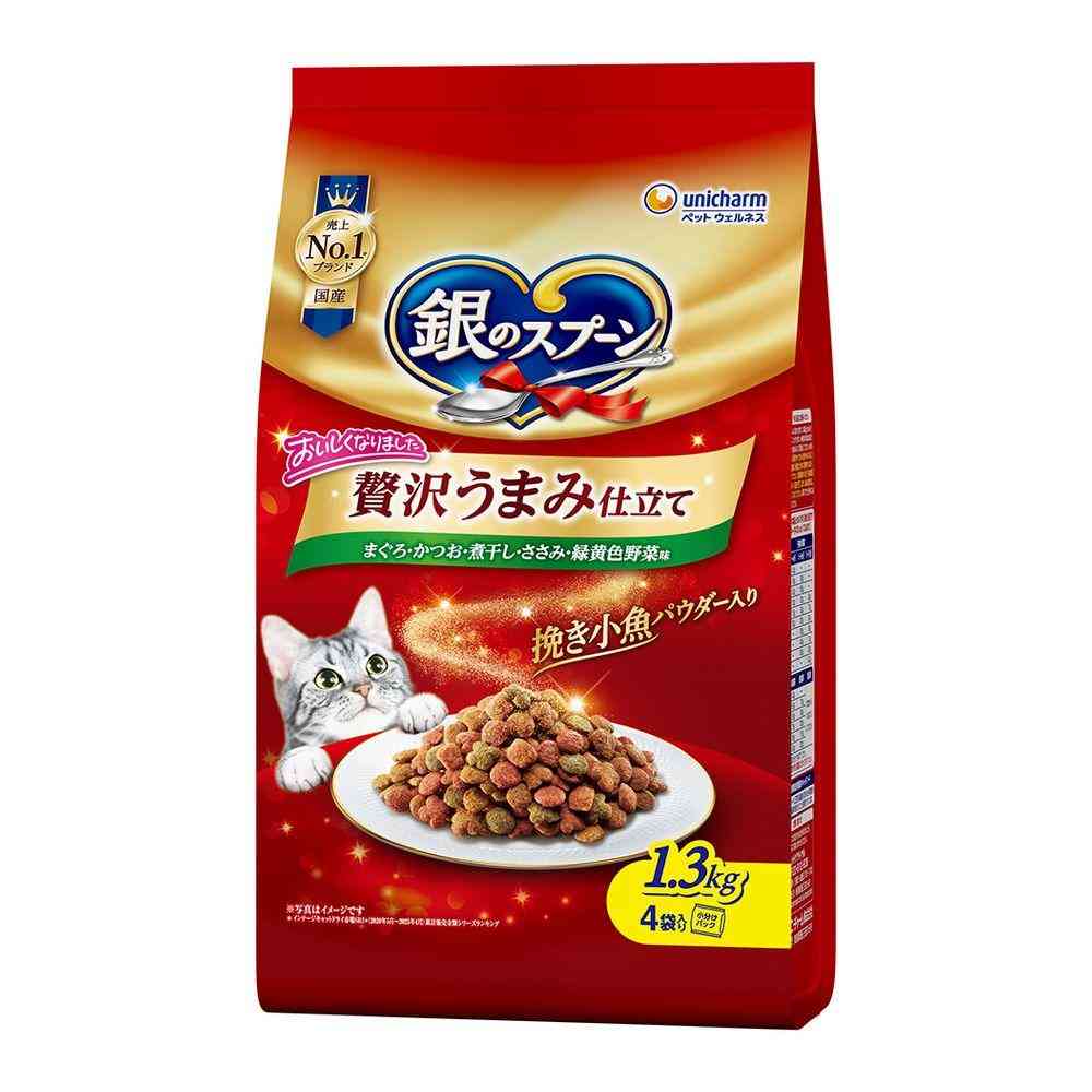 ユニ・チャーム 銀のスプーン 贅沢うまみ仕立て まぐろ・かつお・煮干し・ささみ・緑黄色野菜味 1.3kg