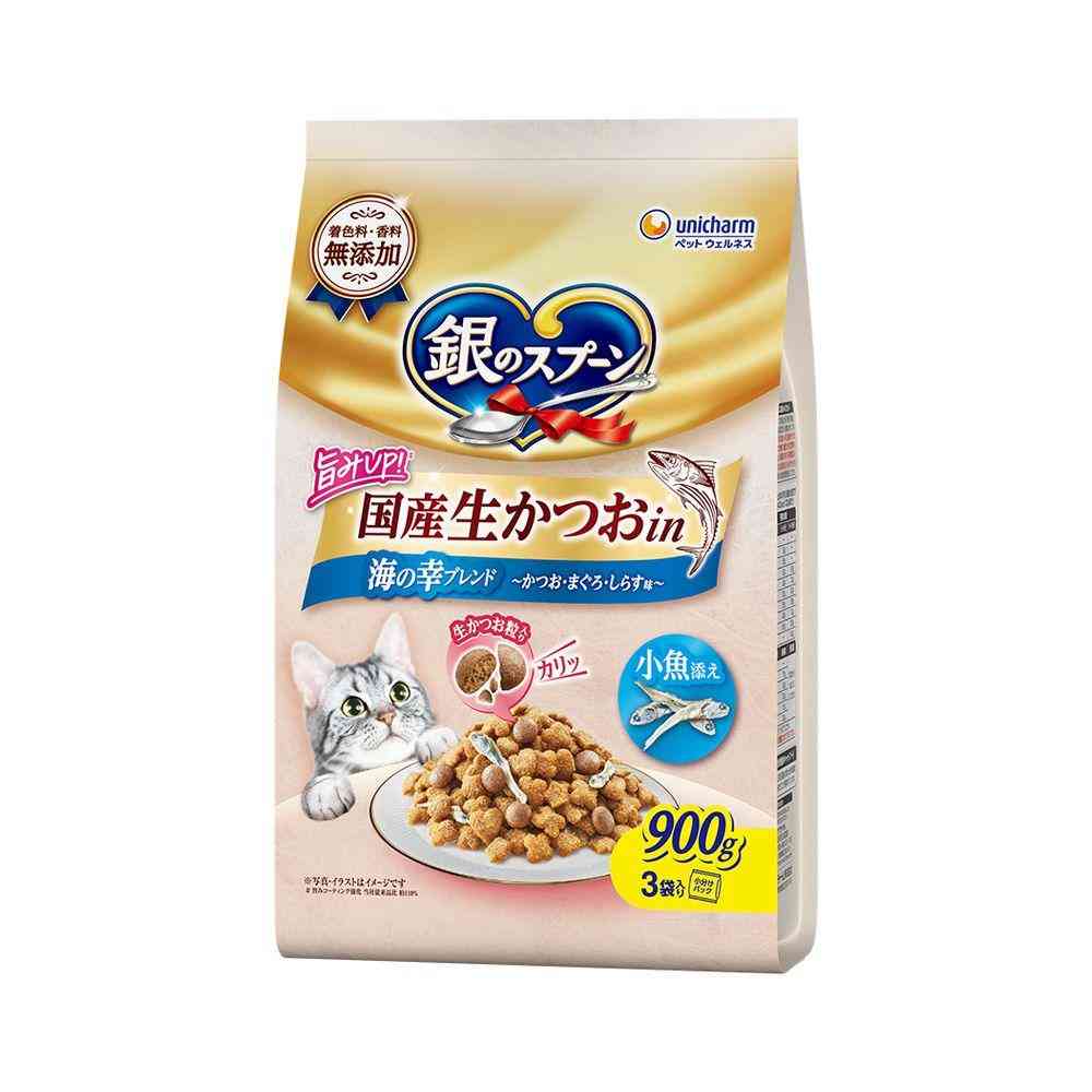 ユニ・チャーム 銀のスプーン 国産生かつおin 海の幸ブレンド 小魚添え かつお・まぐろ・しらす味  900g