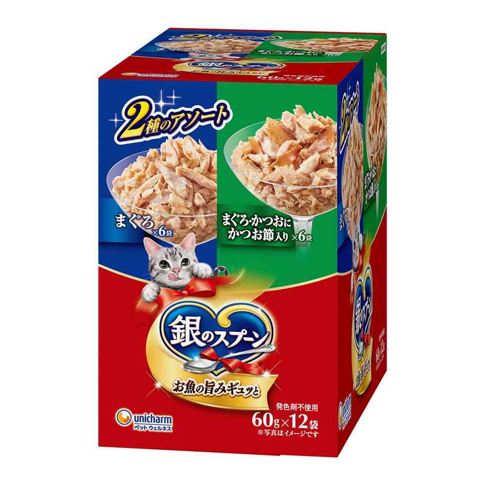 ユニ・チャーム 銀のスプーン パウチ まぐろ＆まぐろ・かつおにかつお節入り 60g×12袋   [10個セット]