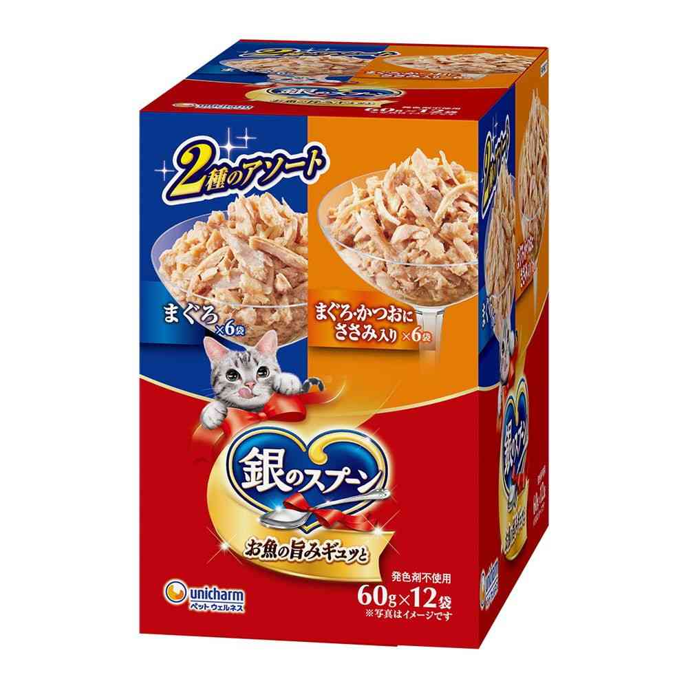 ユニ・チャーム 銀のスプーン パウチ まぐろ＆まぐろ・かつおにささみ入り 60g×12袋   [10個セット]