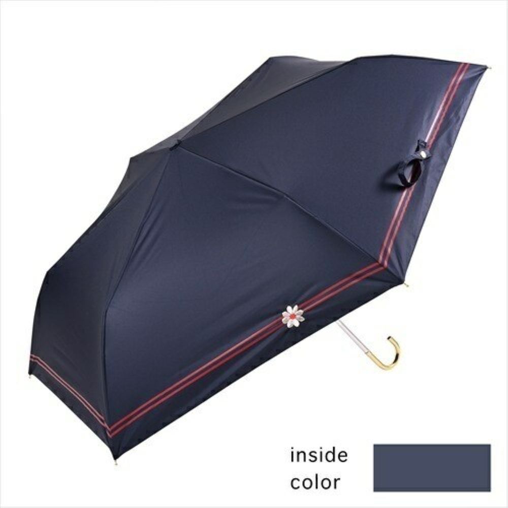 晴雨兼用 日傘 折りたたみ 遮光ボーダー 花刺繍 24121NV メーカー直送 ▼返品・キャンセル不可【他商品との同時購入不可】