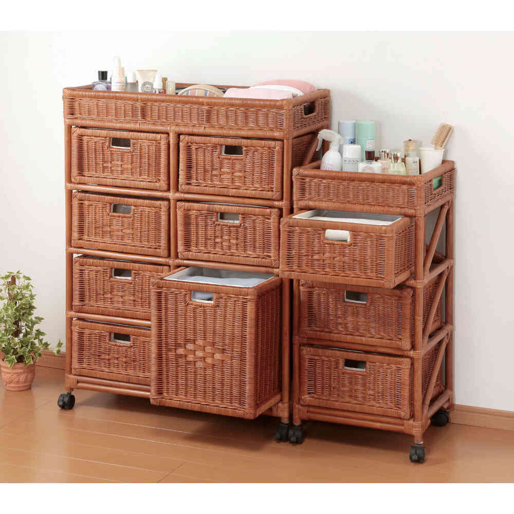 天然籐ランドリーチェスト スリム3段 ブラウン[0364810] メーカー直送 ▼返品・キャンセル不可【他商品との同時購入不可】