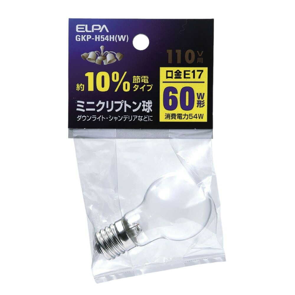 エルパ ELPA ミニクリプトン球 白熱電球 E17 60W形 GKP-H54H(W)