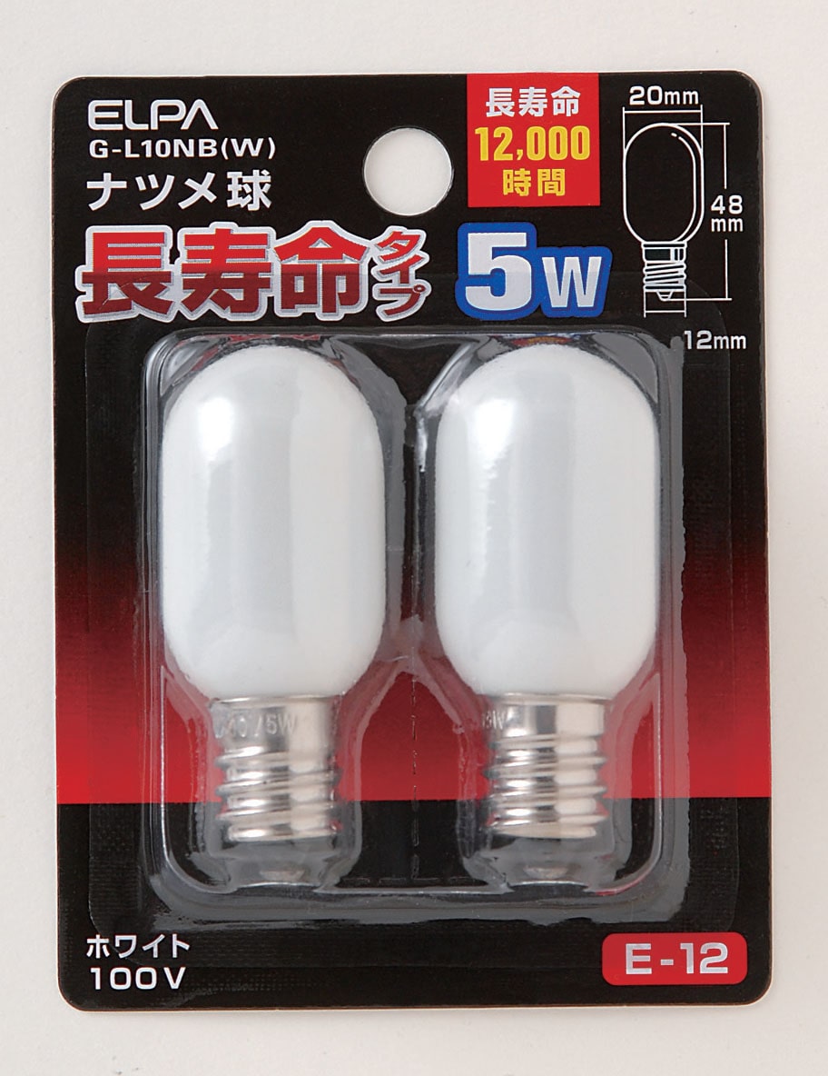 エルパ ELPA ナツメ球ロング 電球 照明 E12 5W ホワイト G‐L10NB（W）