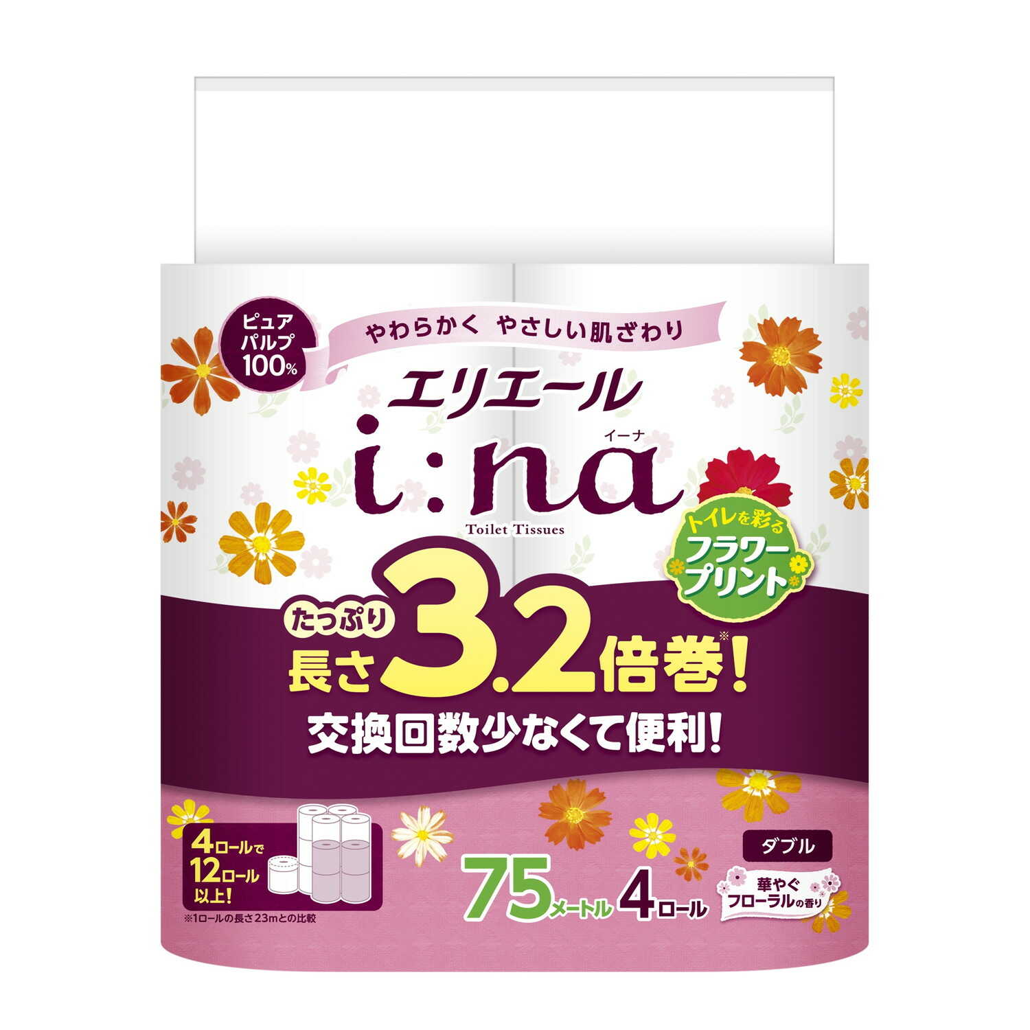 大王製紙 エリエールI;naトイレット ダブル プリント 3.2倍巻 4ロール【16個セット】