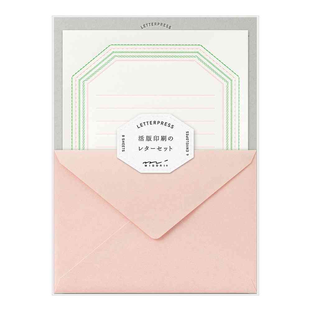ミドリ レターセット462 活版 フレーム柄 ピンク 便箋／8枚入、封筒／4枚入