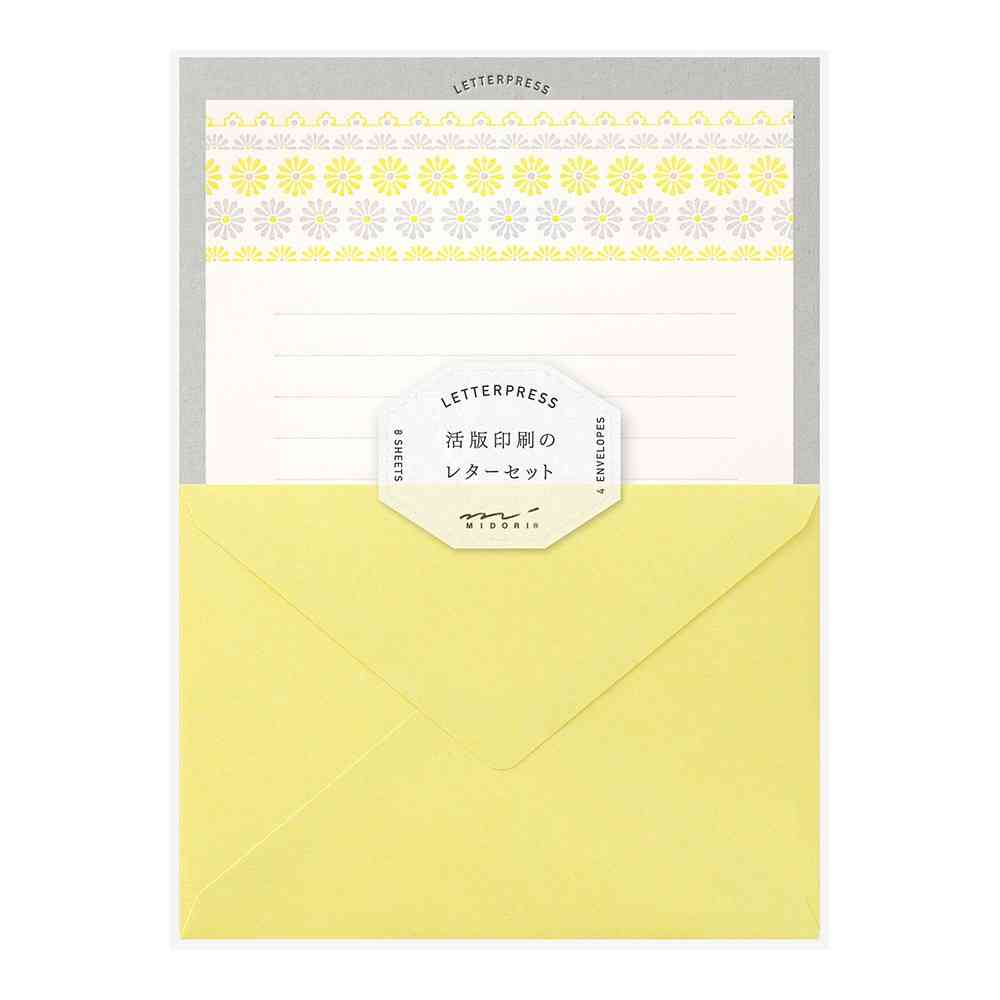 ミドリ レターセット477 活版 花ライン柄 黄 便箋／8枚入、封筒／4枚入