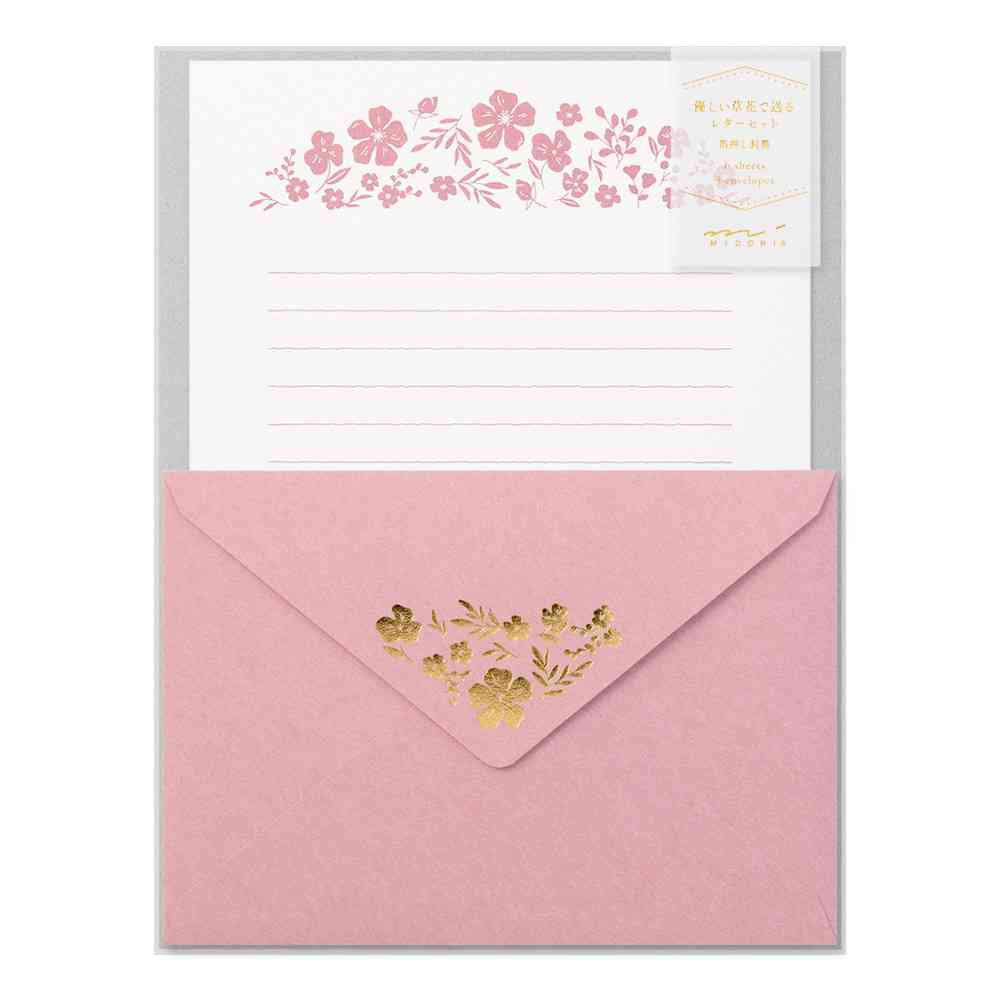 ミドリ レターセット506 箔押封筒 小花柄 便箋／6枚入り、封筒／3枚入