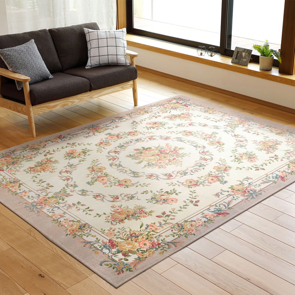 ゴブランシェニールラグ 撥水 ブーケ ベージュ メーカー直送 ▼返品・キャンセル不可【他商品との同時購入不可】