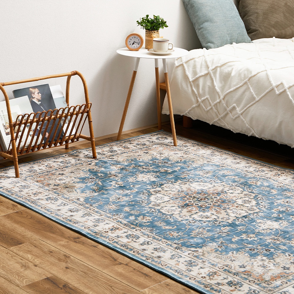 アンティーク絨毯風プリントラグ カメオ  ブルー130×190  メーカー直送▼返品・キャンセル不可[他商品との同時購入不可]