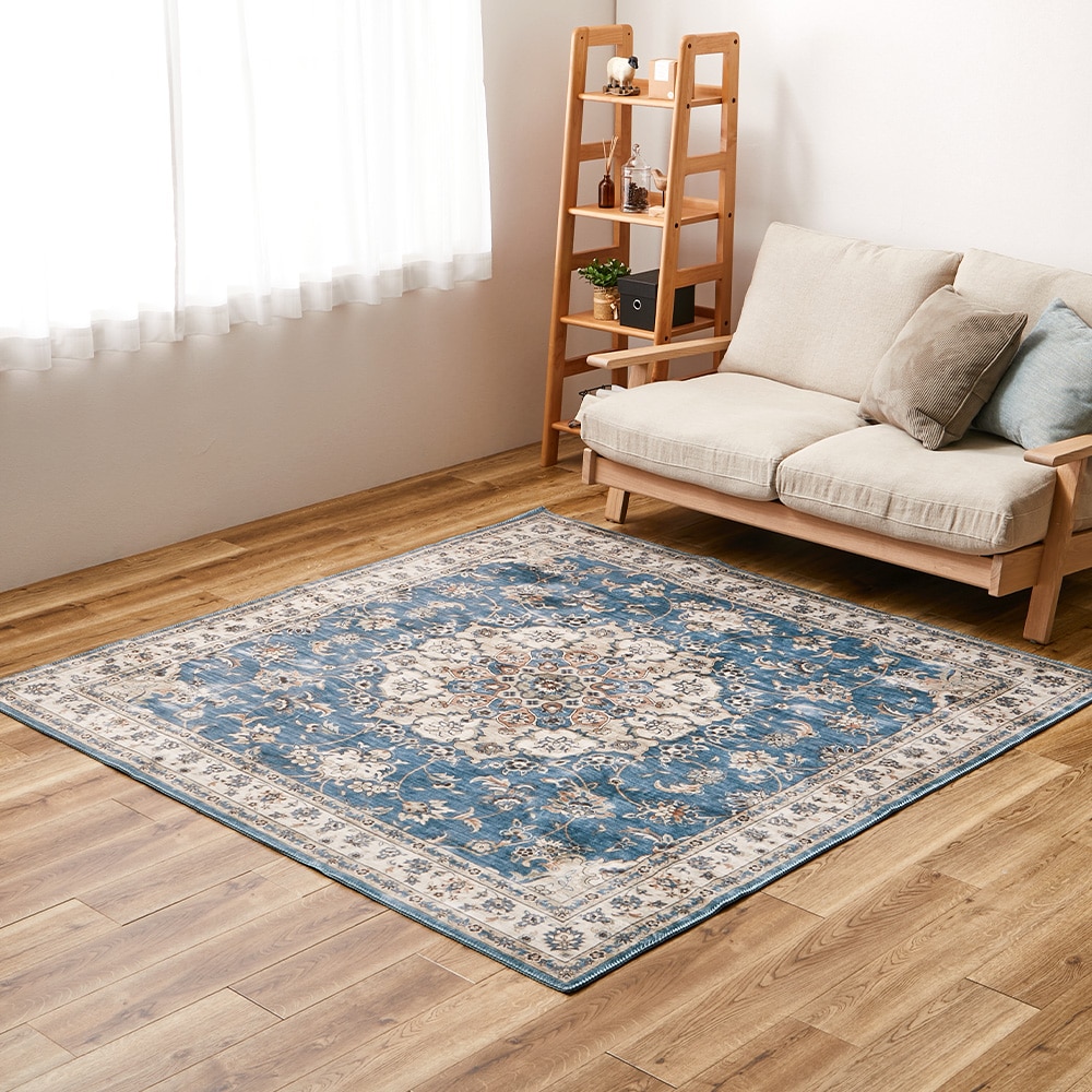 アンティーク絨毯風プリントラグ カメオ  ブルー190×190  メーカー直送▼返品・キャンセル不可[他商品との同時購入不可]