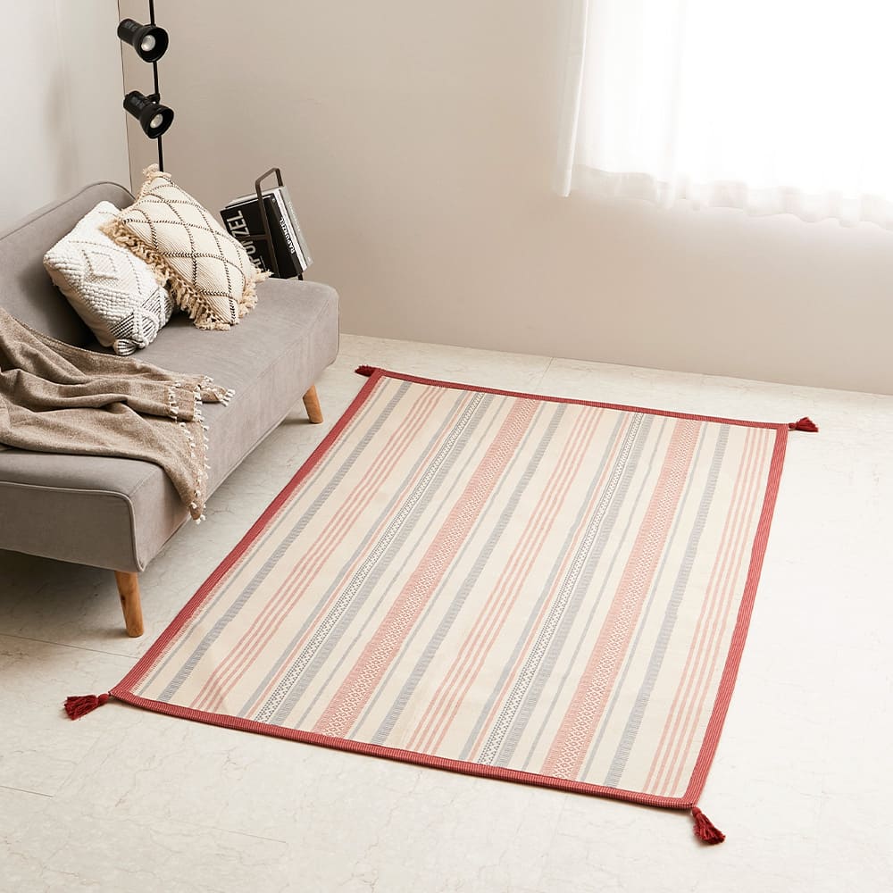 洗えるインド綿ラグ すべり止め付き レッド 130×185 メーカー直送 ▼返品・キャンセル不可【他商品との同時購入不可】