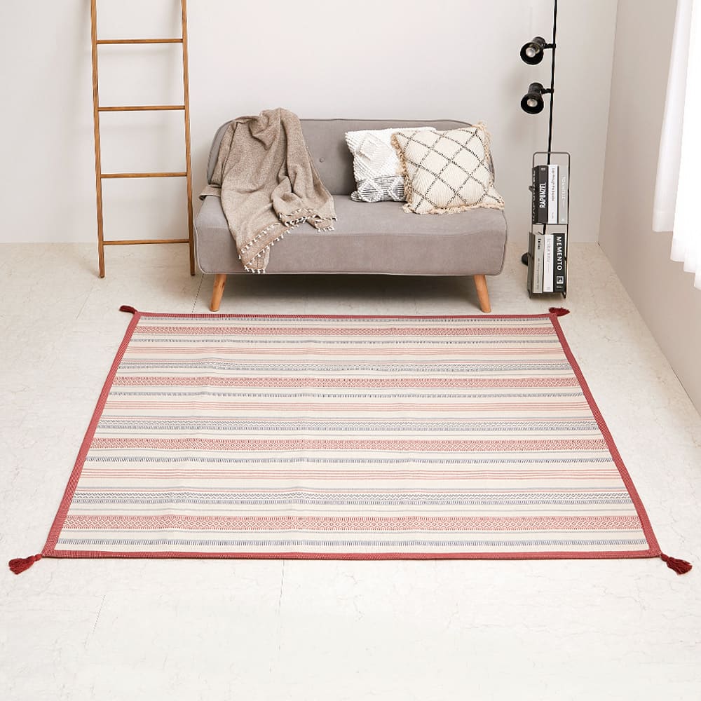 洗えるインド綿ラグ すべり止め付き レッド 185×185 メーカー直送 ▼返品・キャンセル不可【他商品との同時購入不可】