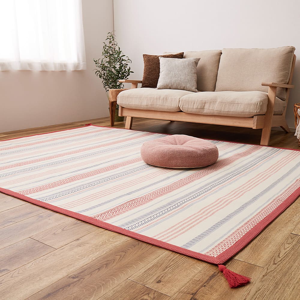 洗えるインド綿ラグ すべり止め付き レッド 185×240 メーカー直送 ▼返品・キャンセル不可【他商品との同時購入不可】