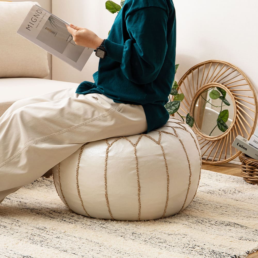 合皮のモロッカンプフ Lサイズ アイボリー メーカー直送 ▼返品・キャンセル不可【他商品との同時購入不可】