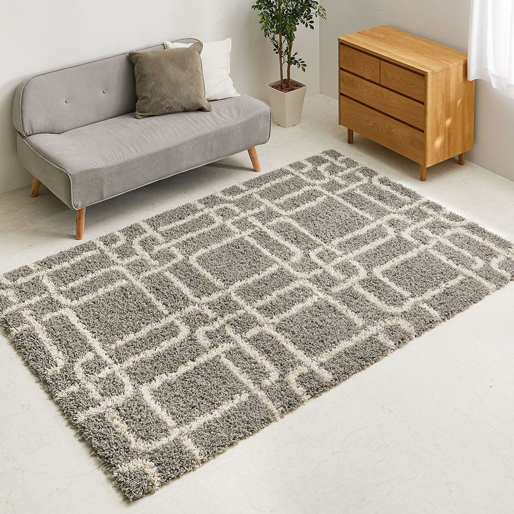 幾何学柄のウィルトン織シャギーラグ ケジャ GY 160×235cm メーカー直送 ▼返品・キャンセル不可【他商品と同時購入不可