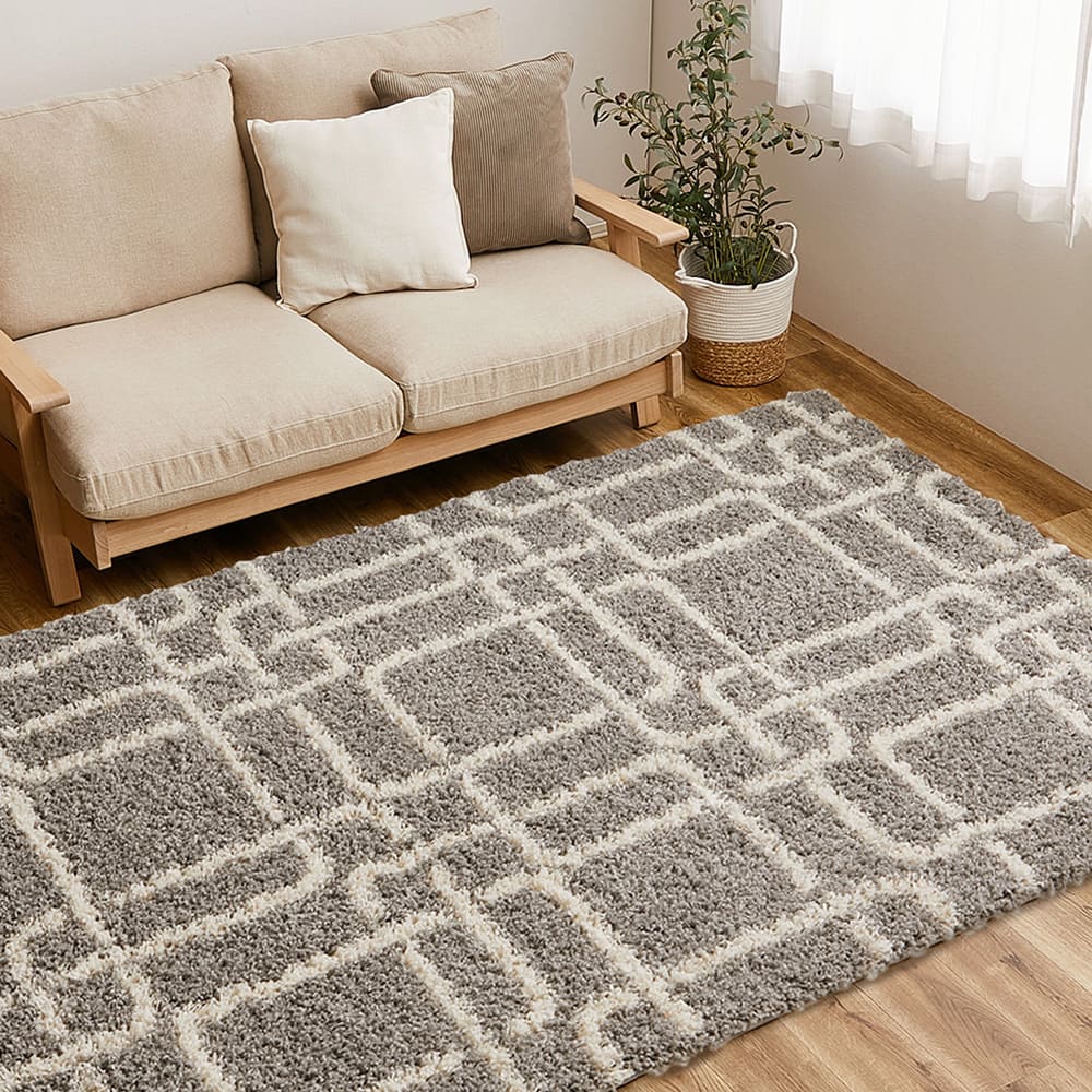 幾何学柄のウィルトン織シャギーラグ ケジャ GY 200×250cm メーカー直送 ▼返品・キャンセル不可【他商品と同時購入不可