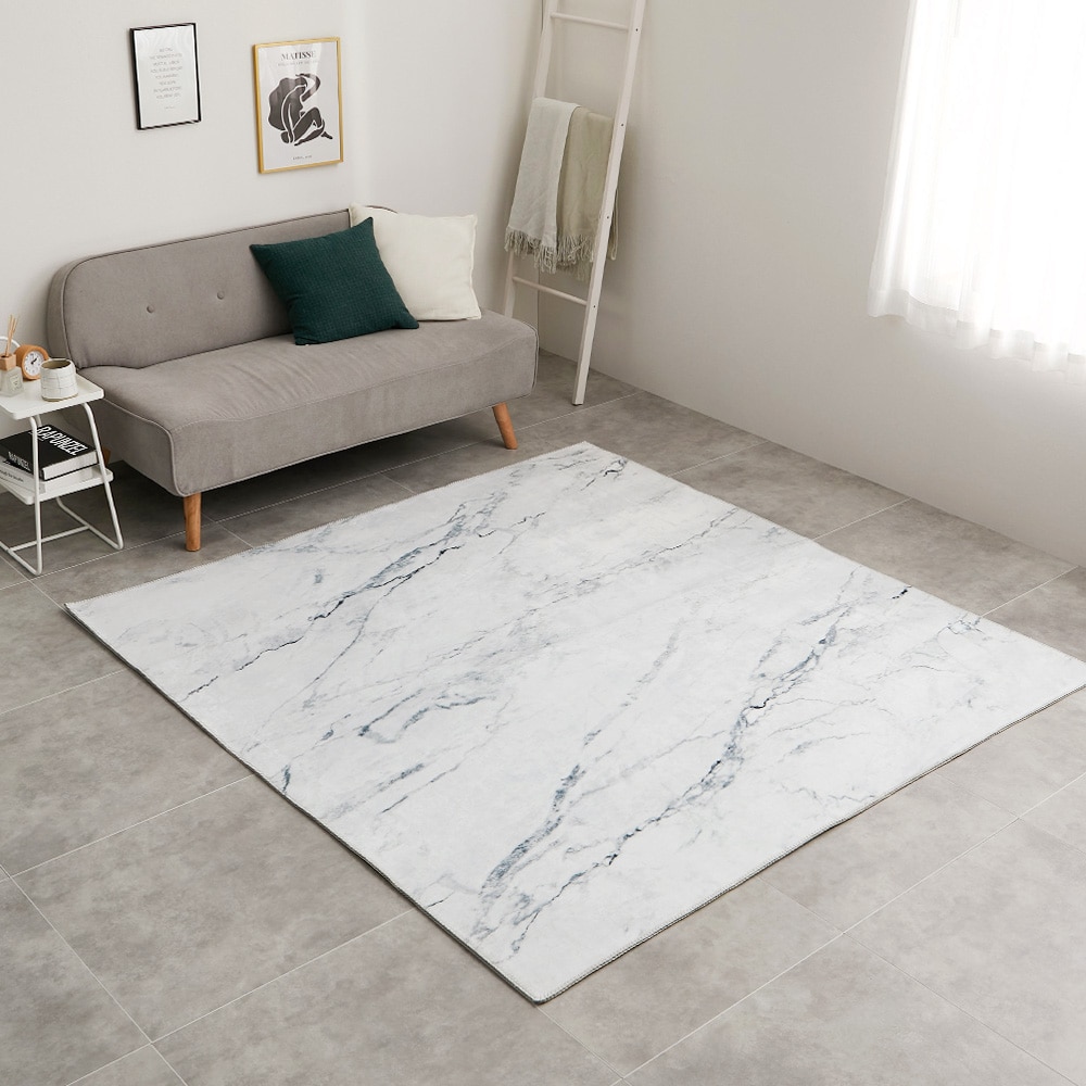 大理石柄のソフトフランネルラグ 190×190cm ホワイト メーカー直送▼返品・キャンセル不可[他商品との同時購入不可]