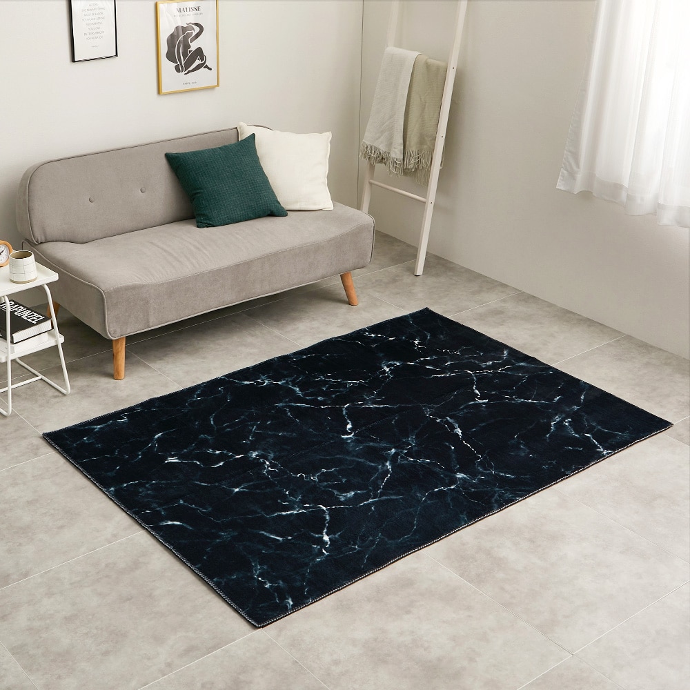 大理石柄のソフトフランネルラグ 130×190cm ブラック メーカー直送▼返品・キャンセル不可[他商品との同時購入不可]