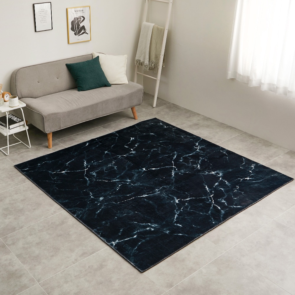 大理石柄のソフトフランネルラグ 190×190cm ブラック メーカー直送▼返品・キャンセル不可[他商品との同時購入不可]