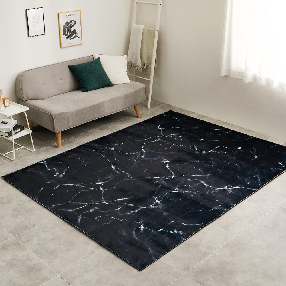 大理石柄のソフトフランネルラグ 190×240cm ブラック メーカー直送▼返品・キャンセル不可[他商品との同時購入不可]