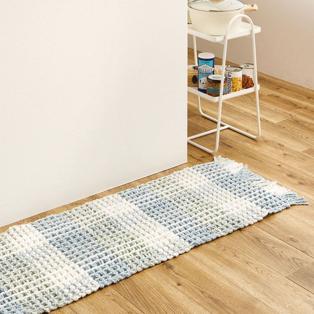 ワッフル風マット チェック柄 エルフ ブルー 45×180 メーカー直送 ▼返品・キャンセル不可【他商品との同時購入】