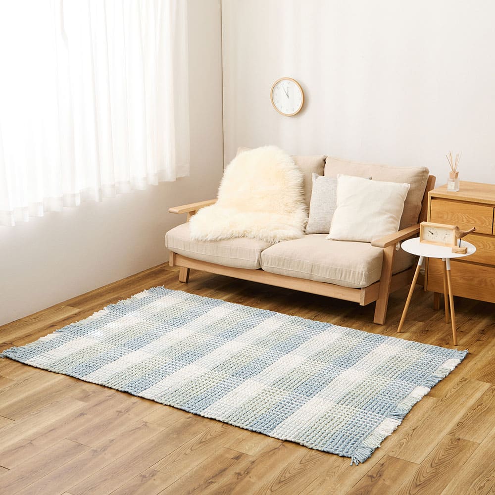 ワッフル風ラグ チェック柄 エルフ ブルー 100×140 メーカー直送 ▼返品・キャンセル不可【他商品との同時購入】