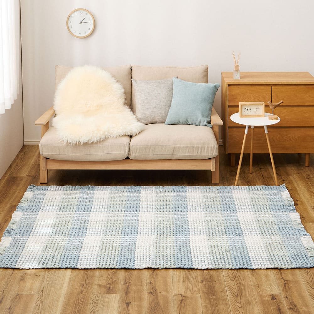 ワッフル風ラグ チェック柄 エルフ ブルー 130×190 メーカー直送 ▼返品・キャンセル不可【他商品との同時購入】