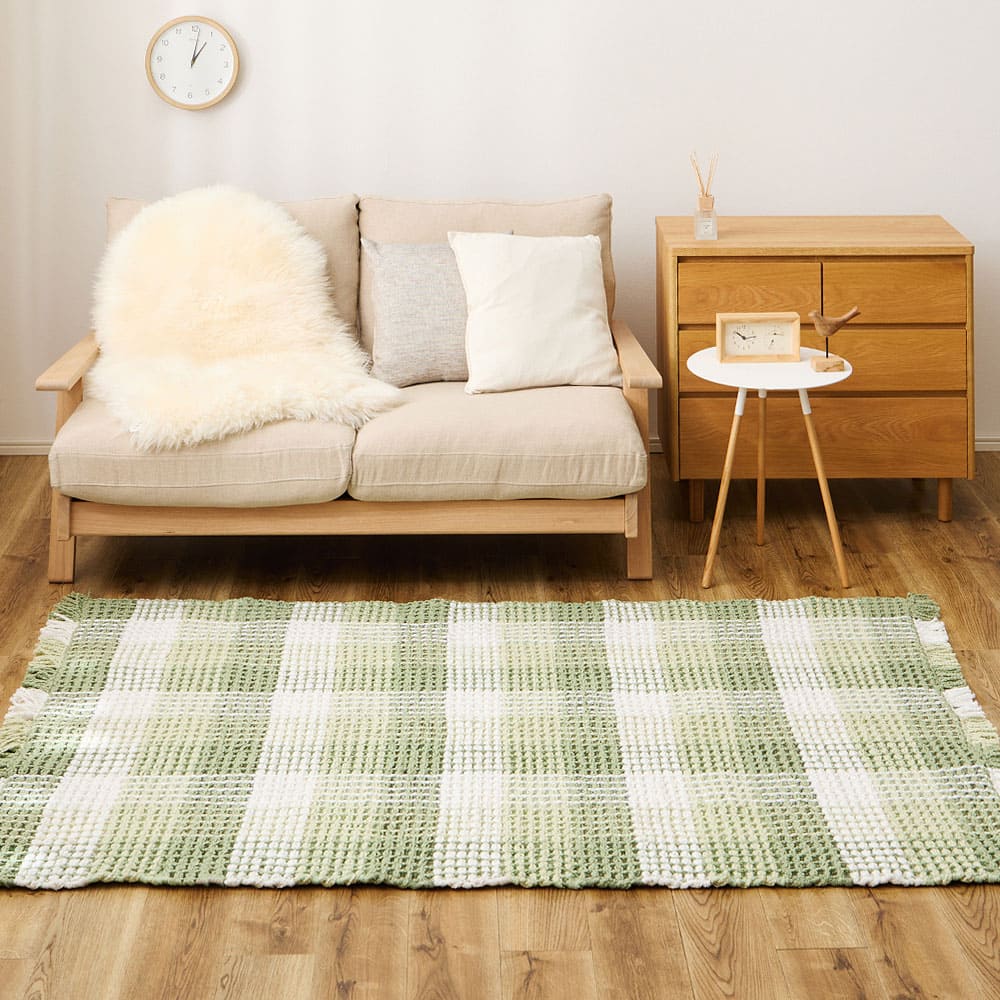 ワッフル風ラグ チェック柄 エルフ グリーン 130×190 メーカー直送 ▼返品・キャンセル不可【他商品との同時購入】