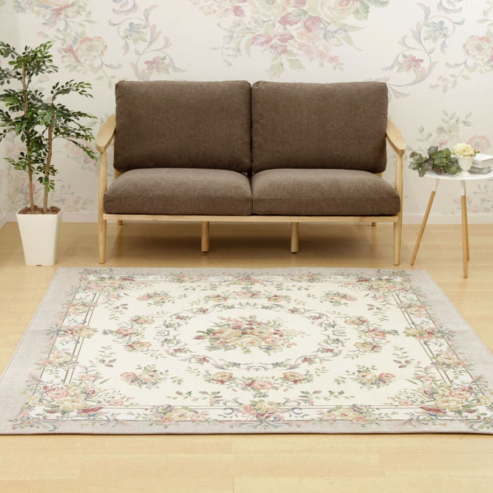 ゴブランシェニールラグ ブーケ 約185×185cm ベージュ 【直送品】 返品・キャンセル・他商品と同時購入は不可